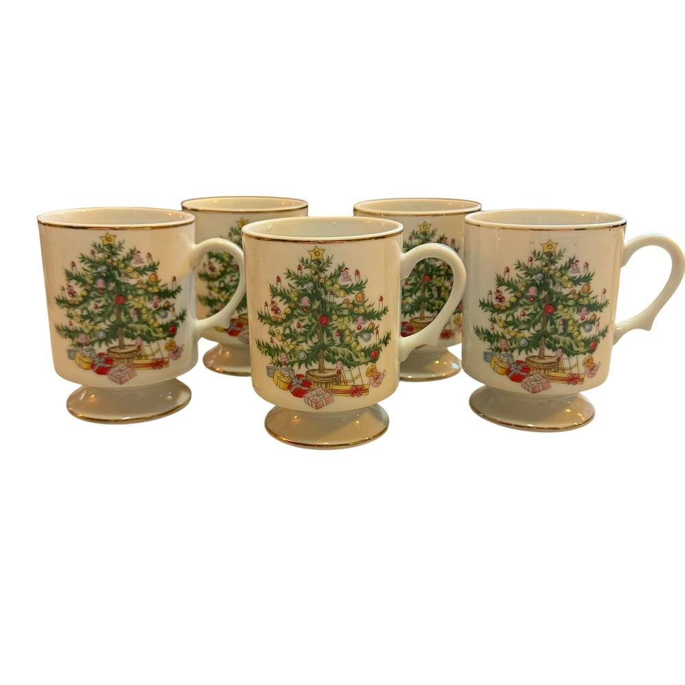 Lefton Christmas Tree Mugs Set of 5 White Footed Gold Trim Holiday Collectible